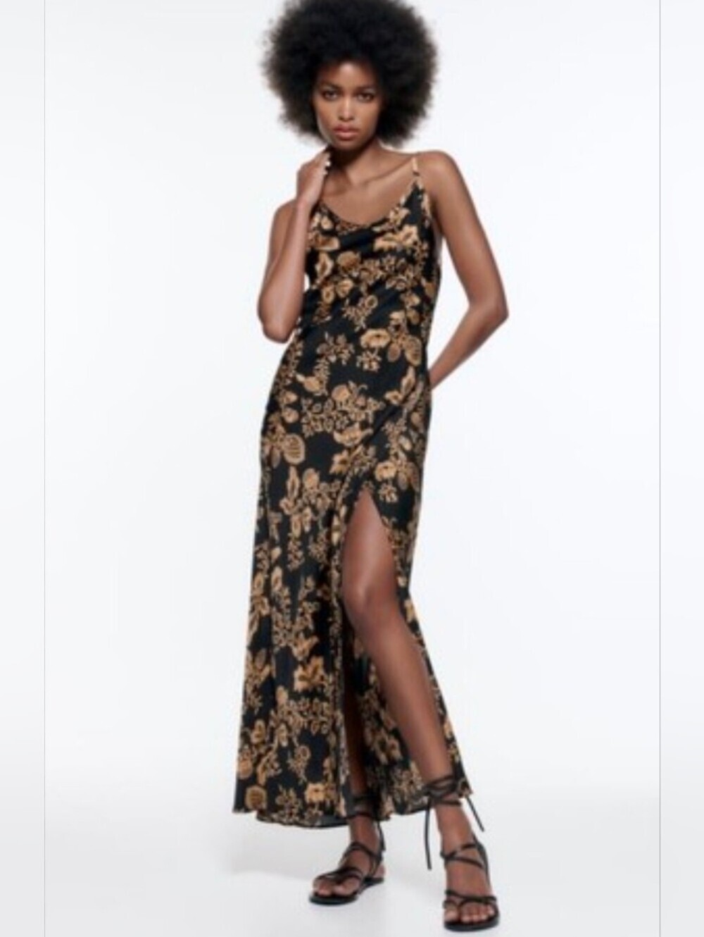 Zara Black Maxi Dress with Gold Floral Motif and High Thigh Slit